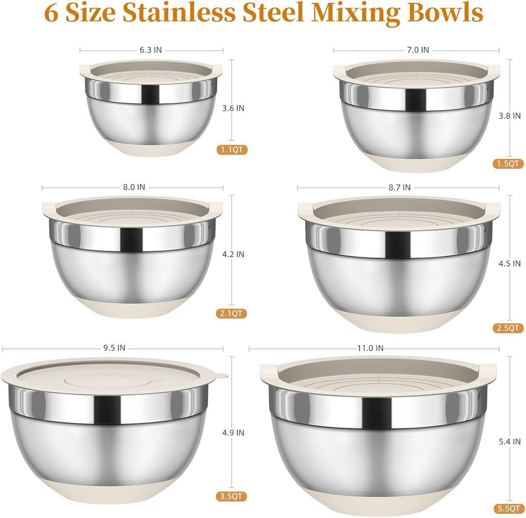 Mixing Bowls with Lids Set, 6 Piece Stainless Steel Nesting Storage Bowls