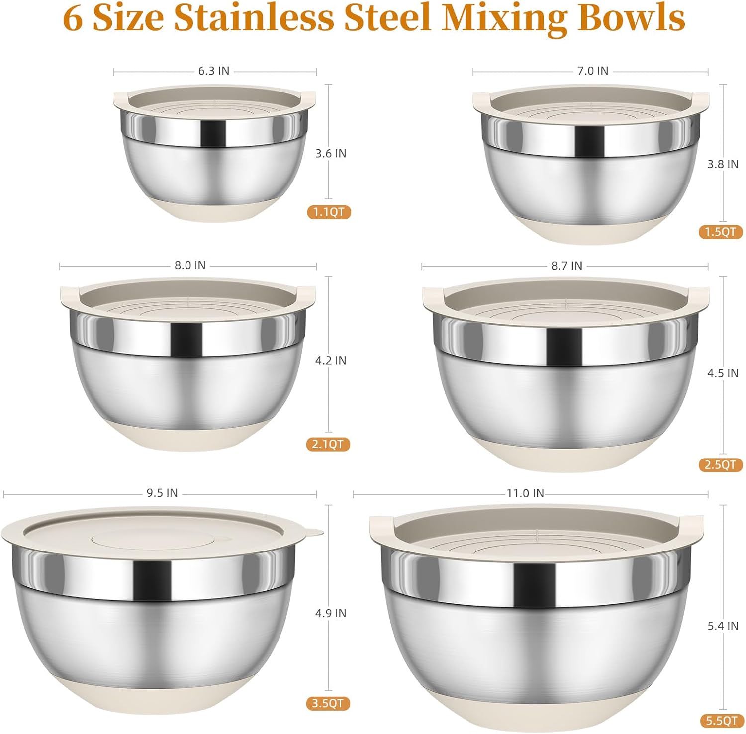 Mixing Bowls with Lids Set, 6 Piece Stainless Steel Nesting Storage Bowls