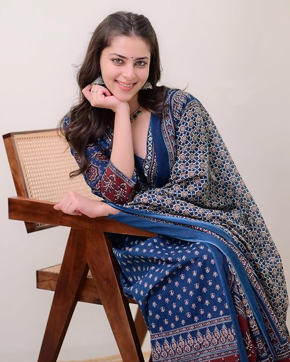 Women's Rayon Printed Anarkali Kurta and Pant with Dupatta Set