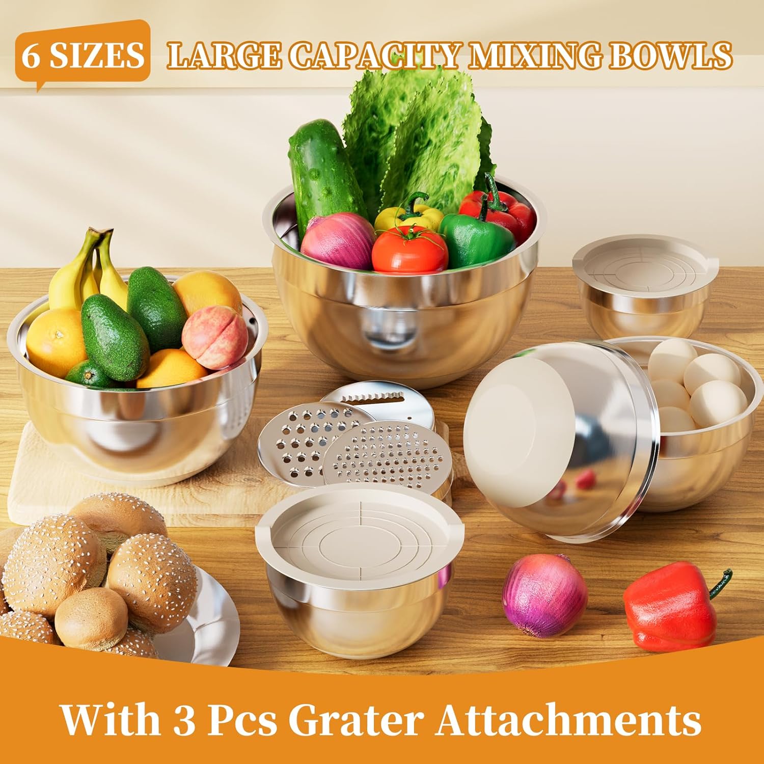 Mixing Bowls with Lids Set, 6 Piece Stainless Steel Nesting Storage Bowls