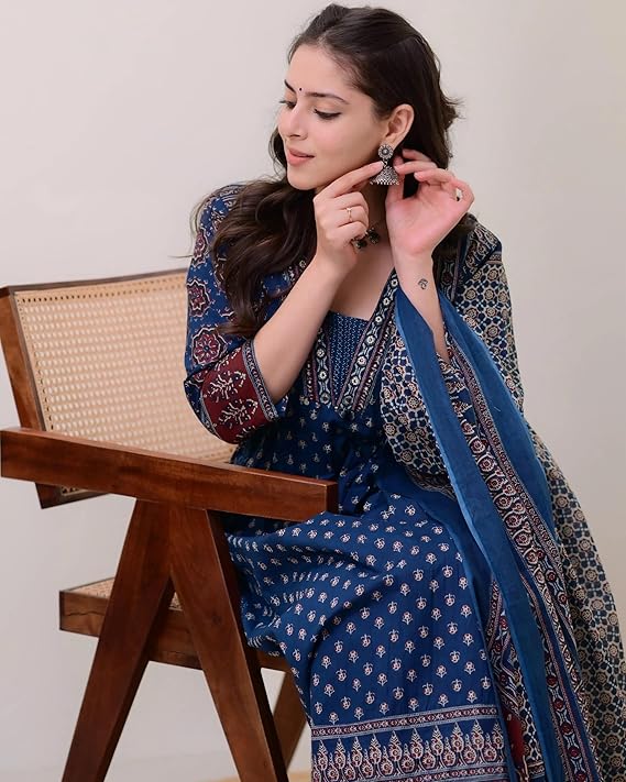 Women's Rayon Printed Anarkali Kurta and Pant with Dupatta Set