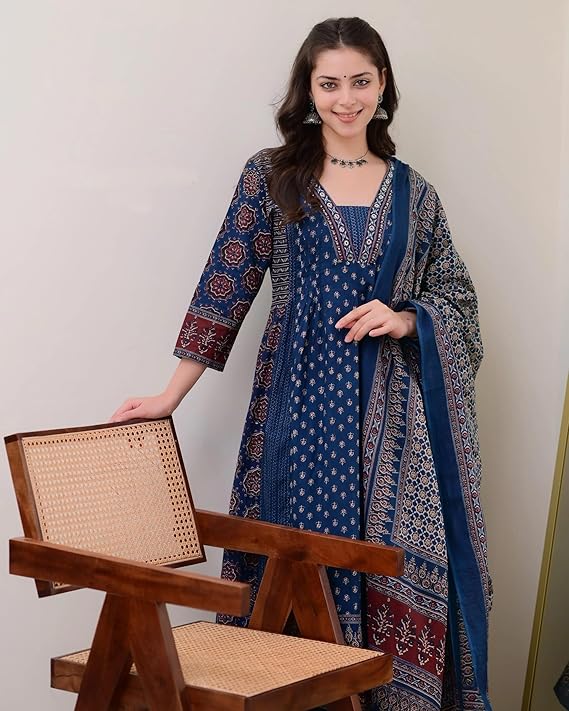 Women's Rayon Printed Anarkali Kurta and Pant with Dupatta Set