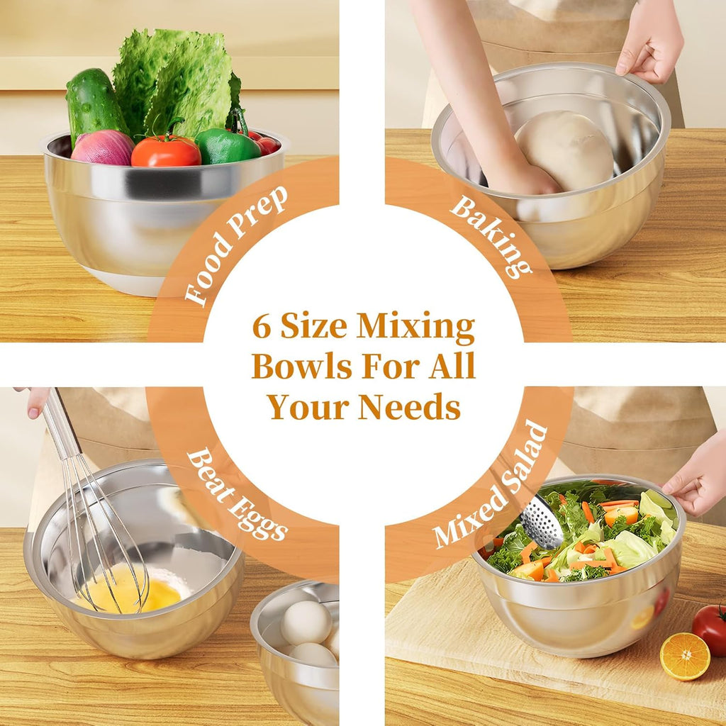Mixing Bowls with Lids Set, 6 Piece Stainless Steel Nesting Storage Bowls