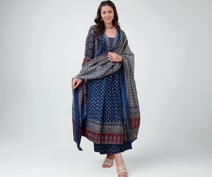 Women's Rayon Printed Anarkali Kurta and Pant with Dupatta Set